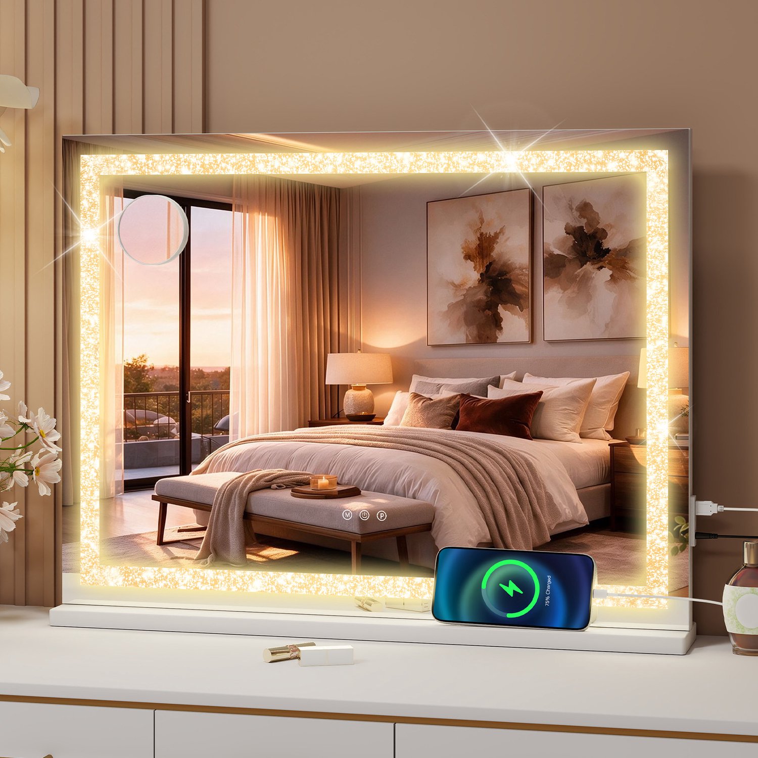 Puluomis Hollywood Spiegel 80x62CM - LED-strasslichtstrip- Spiegel met verlichting - USB & TYP C Oplaadpoort - 10x Vergroting - 3 lichtstanden