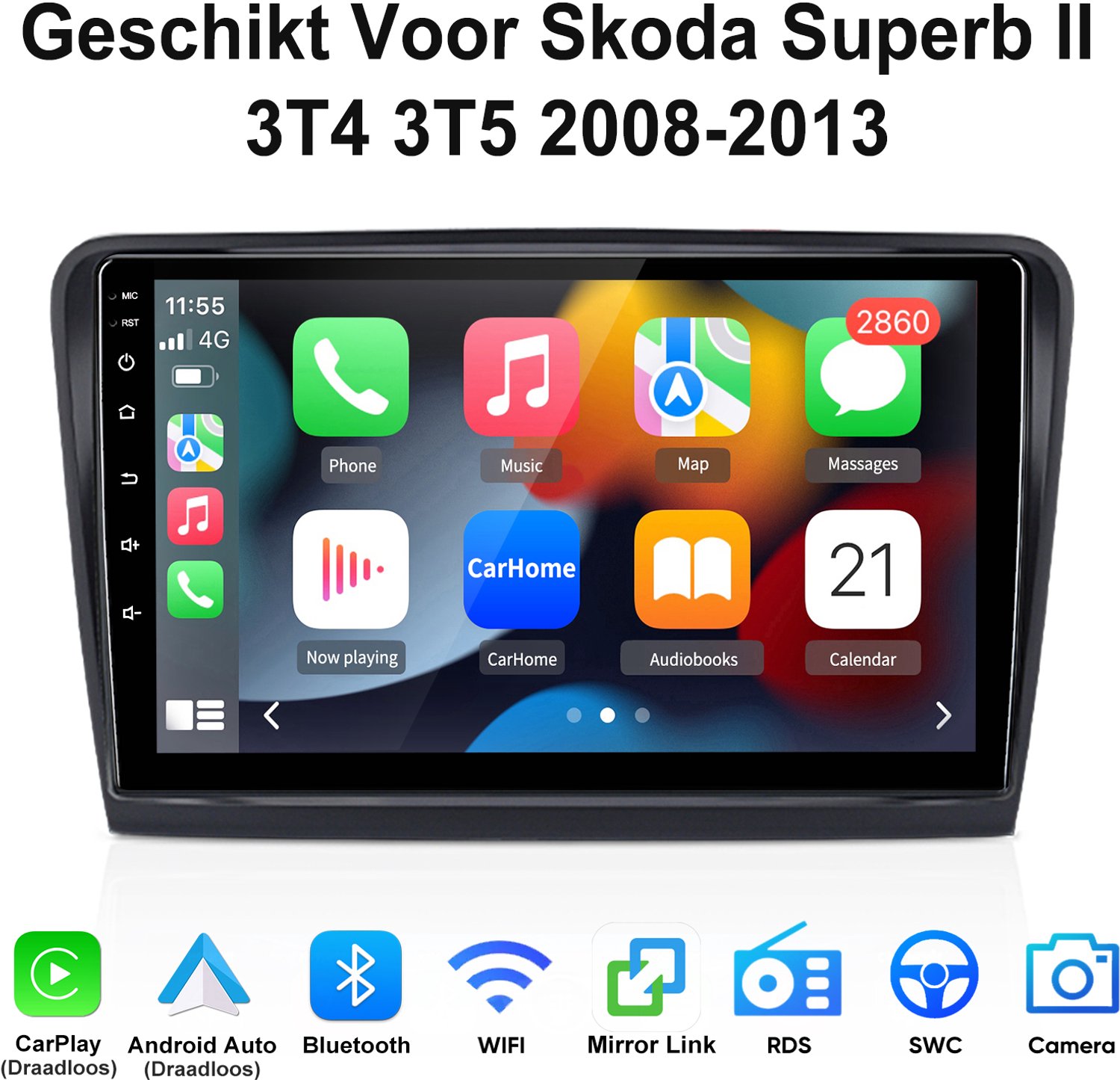 Junsun Android 15 Autoradio Geschikt Voor Skoda Superb II 3T4 3T5 2008-2013 - 4GB+64GB - Draadloze CarPlay & Andriod Auto - GPS-navigatiesysteem - Bluetooth - Stuurwielbediening - WiFi - 10 Inch IPS Touchscreen - DSP - RDS - USB