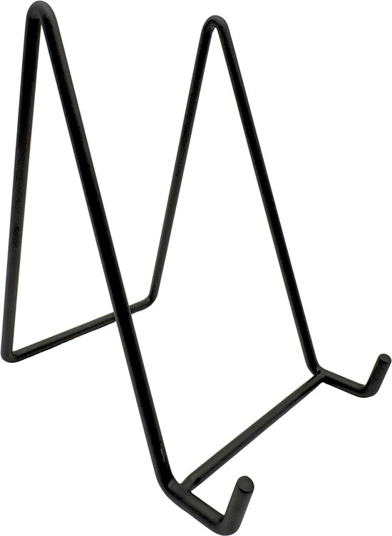 Zwarte metalen standaard voor borden, boeken of kunstwerken.