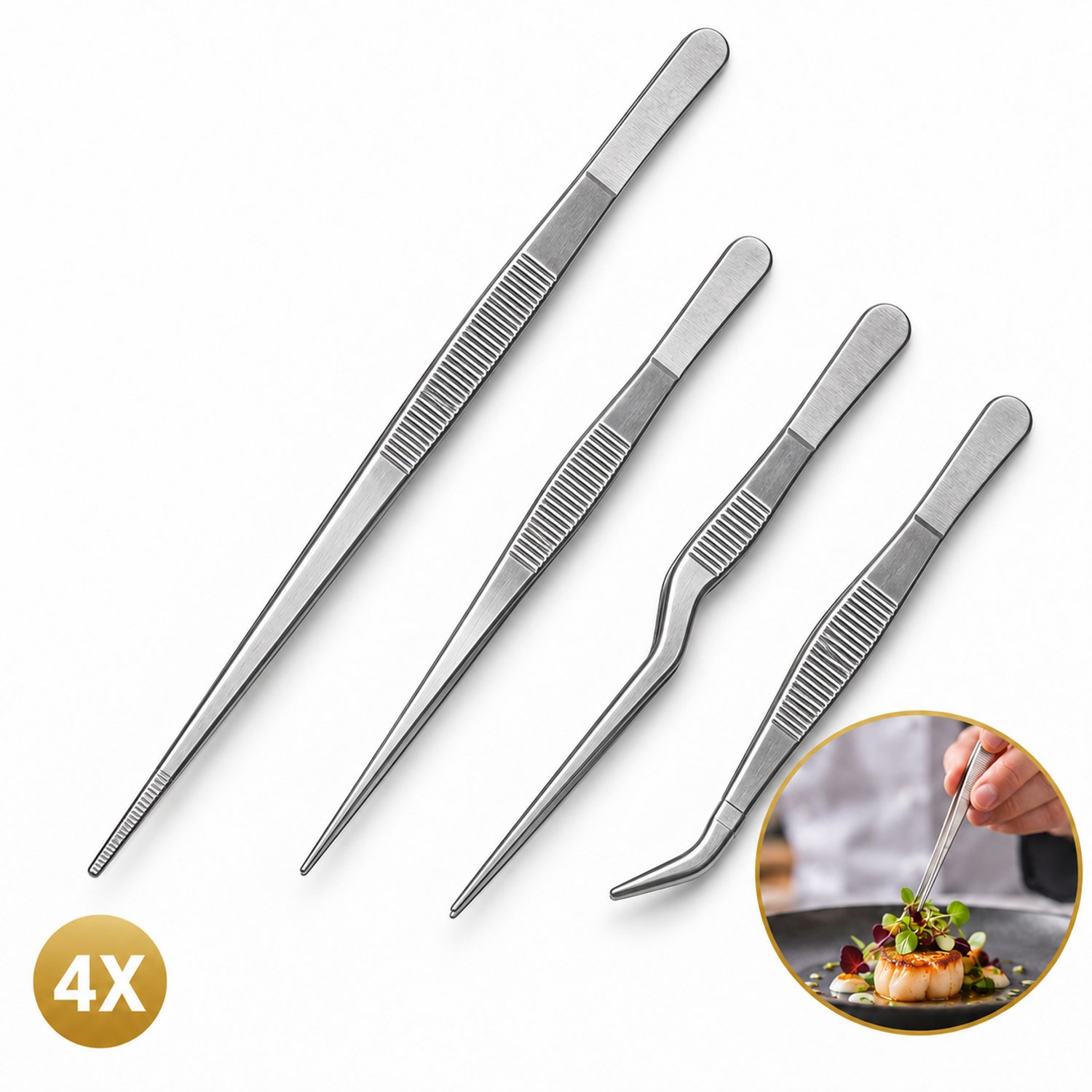 DIVERZA Keukenpincet Set – 4 Verschillende Pincetten – Nauwkeurig Garneren – RVS Kookpincetten – 16 en 30 cm / Zilver