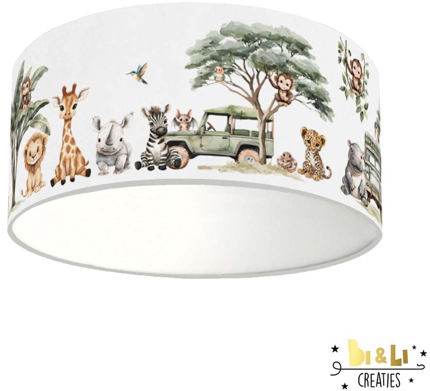 Plafondlamp Jungle Jeep dieren-sfeerverlichting-kinderkamer-incl diffuser-safari-babykamer-lamp-incl plafondfitting
