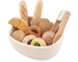 Woet® Houten Broodmandje Speelset - Diverse Broodjes & Gebak in Mandje met Tang - Rollenspel Bakkerswinkel - Speelgoedkeuken Accessoires voor Kinderen - Vanaf 2 Jaar