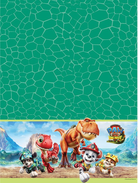 Groen tafelkleed met Paw Patrol Dino Movie-design, met pups en dinosaurussen in een prehistorisch landschap.