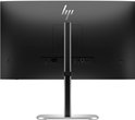 Achteraanzicht van een monitor met HP-logo, diverse poorten en een zilverkleurige standaard met kabelbeheer.