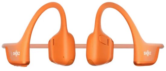Oranje Shokz bone conduction-hoofdtelefoon met een flexibele nekband en open-ear ontwerp.
