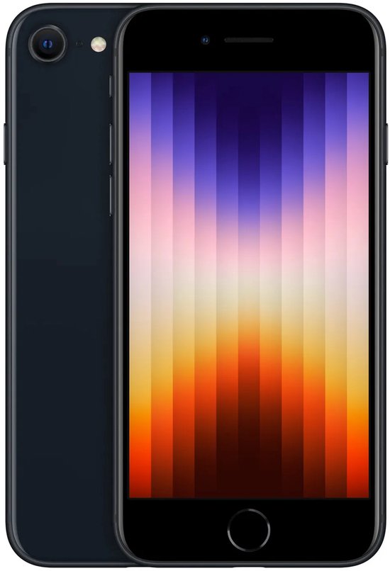 Zwarte iPhone SE met een kleurrijk verticaal gradiëntbehang op het scherm.