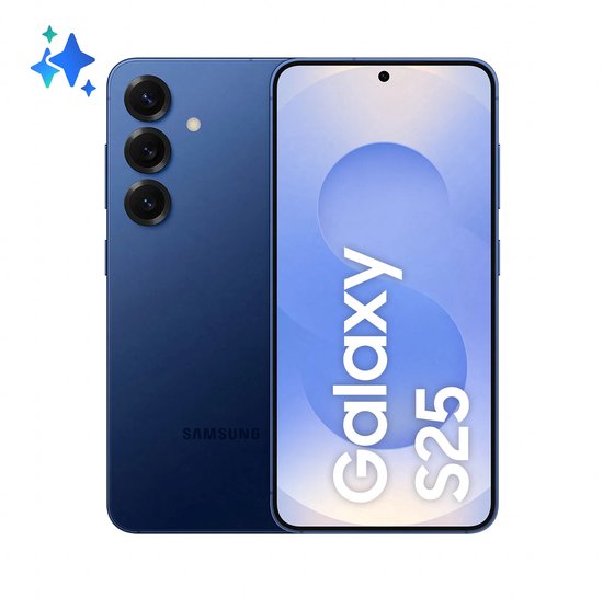 Marineblauwe Samsung Galaxy S25 met drie achtercamera's en een lichtblauw scherm met de tekst 'Galaxy S25'.