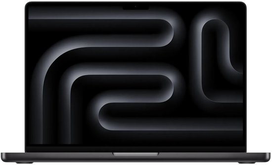 Zwarte MacBook Pro met 14-inch scherm, tonend een abstracte donkere achtergrond met vloeiende lijnen.