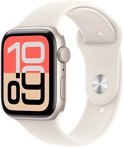 Apple Watch SE in starlight aluminium met starlight sportbandje en klokweergave '10:09'.