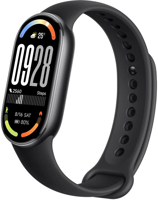 Tracker d'activité noir avec écran numérique affichant 09:28, 25 degrés et 80 % de batterie.