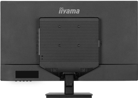 Achterkant van de zwarte iiyama monitor met VESA-montagepunten en aansluitingen.