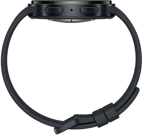 Zijaanzicht van een zwarte smartwatch met twee knoppen aan de rechterkant en een soepele siliconen band.