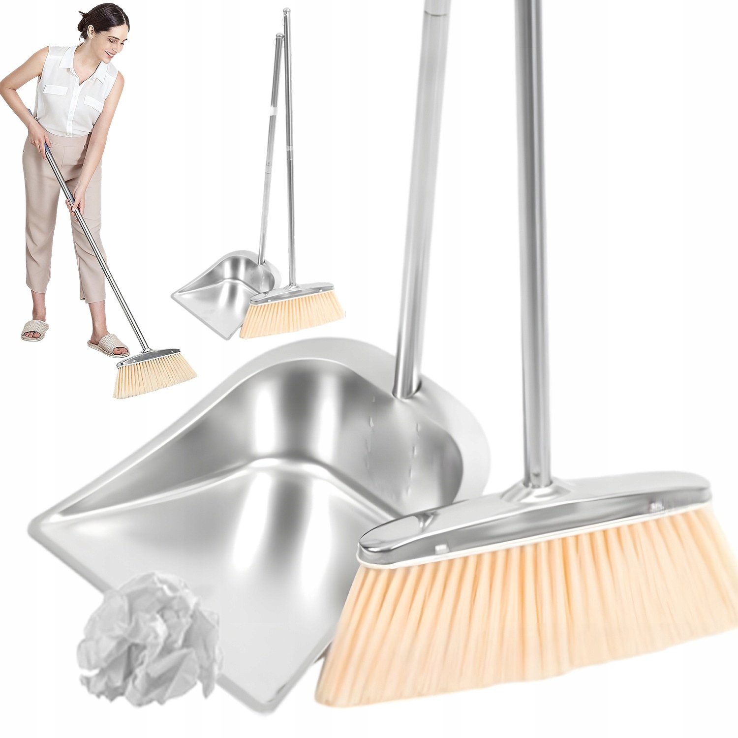 Stoffer en Blik met Lange Steel - Bezem & Veegschep Set - 114 cm Steel & 33 cm Bezemkop - Roestvrij Staal - Zachte PET Borstelharen - Rechtopstaand - Voor Thuis & Kantoor