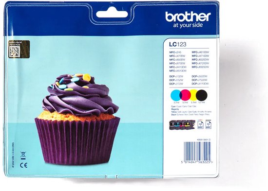 Brother LC123 inktcartridge verpakking met afbeelding van een cupcake met paarse glazuur.