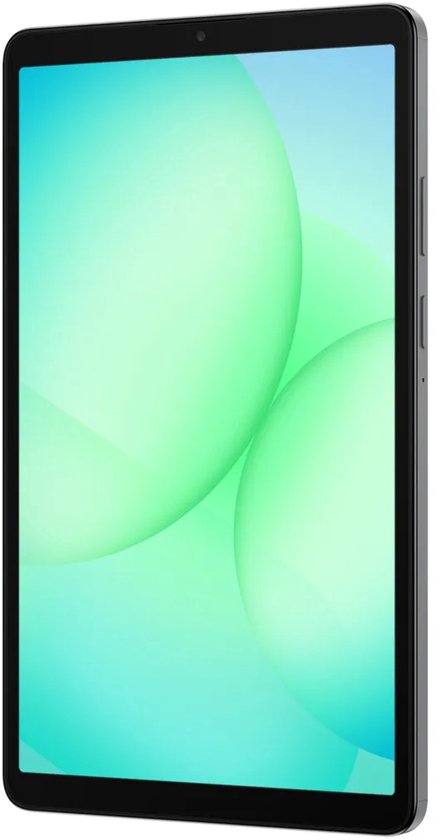 Schuin vooraanzicht van de andere kant van de grijze tablet met groen scherm.
