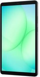 Schuin vooraanzicht van de andere kant van de grijze tablet met groen scherm.