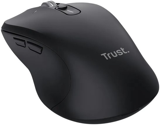 Zwarte draadloze Trust-muis met ergonomisch ontwerp, zijtoetsen en een zilverkleurig scrolwiel.