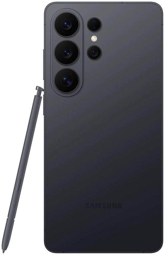 Grijze Samsung smartphone met achterzijde en bijbehorende styluspen naast de behuizing.