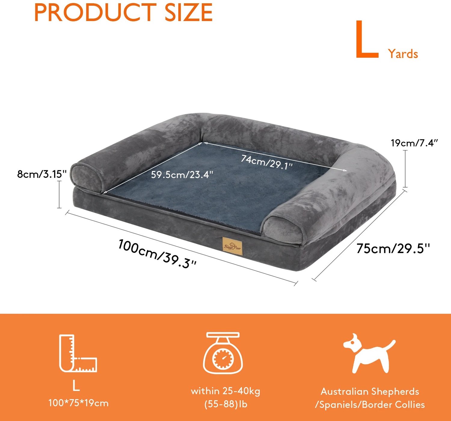 ArtiZo Orthopedisch hondenkussen - hondenbed - voor huisdieren tot 25-40 kg - stevige ondersteuning - wasbare hoes - zachte grijze bekleding - 100x75x19cm (lxbxh)