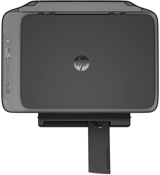 Bovenaanzicht van zwarte HP DeskJet printer met HP-logo, bedieningsknoppen en uitgeschoven papierlade.