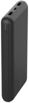 Zwarte Belkin powerbank in verticale positie, met led-indicator en oplaadpoorten aan de bovenzijde.