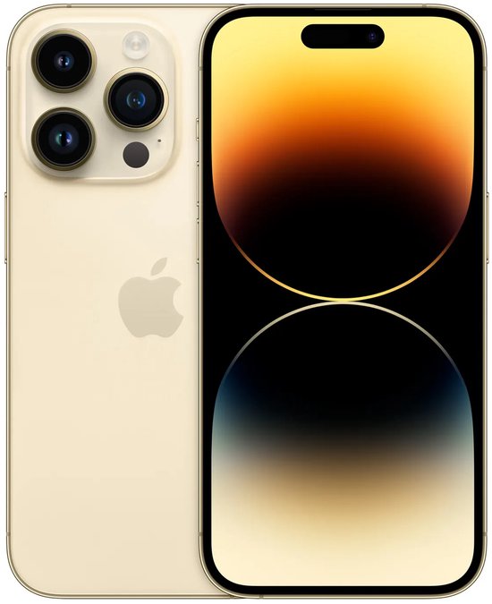 Gouden iPhone 14 Pro, voor- en achterkant naast elkaar met scherm en drie camera's.