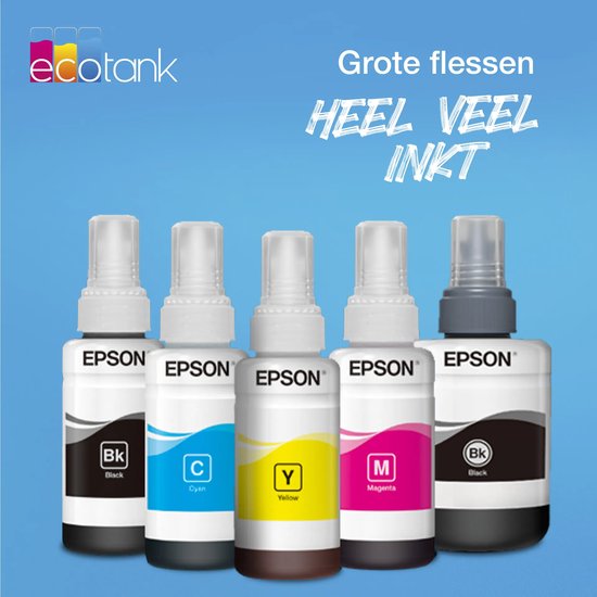 Vijf Epson EcoTank inktflessen in zwart, cyaan, geel en magenta tegen een blauwe achtergrond.