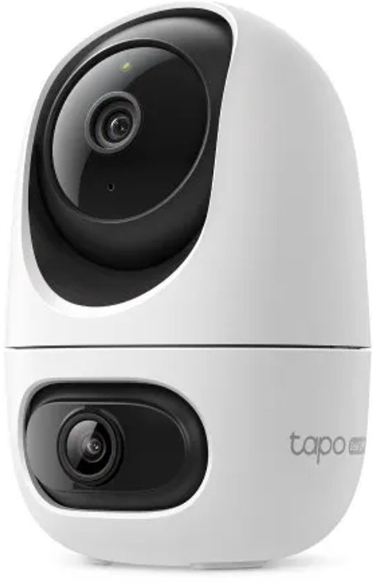 Witte Tapo dual-lens beveiligingscamera met een roterende bovenste lens en een vaste onderste lens.