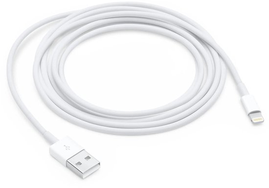 Lange witte USB-A naar Lightning-oplaadkabel in een spiraalvorm.