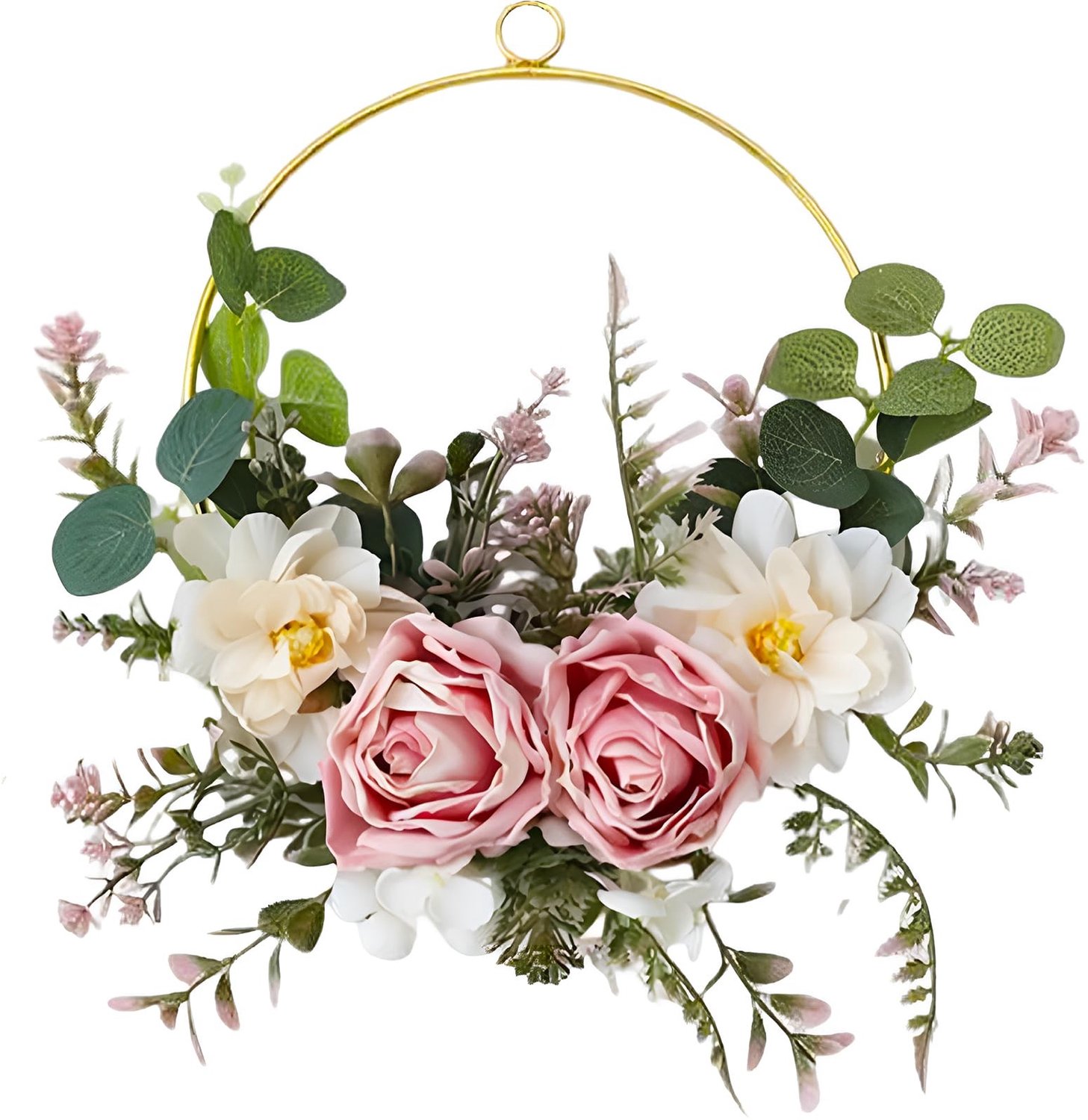 Spring Wreath met Kunstroos - Deurdecoratie - Wit Groen Roze - Kunststof Metaal - Perfect voor Pasen en Feestdagen - Sfeervolle Versiering