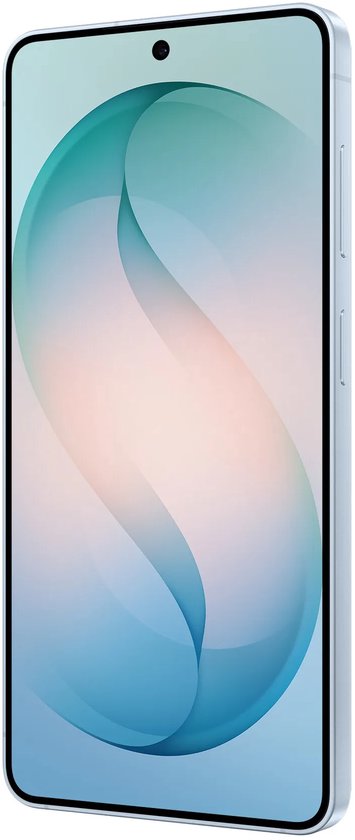Lichtblauwe Samsung smartphone van voren, met een S-vormig blauw-roze abstract patroon op het scherm.