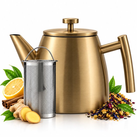 Vaja® Juliette Theepot Goud met filter - 1 Liter - RVS - dubbelwanding
