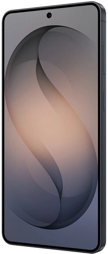 Zijaanzicht van een zwarte smartphone met een gebogen scherm en abstract behang.