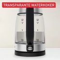 Transparante waterkoker met maataanduiding tot 1,7L, zwarte handgreep en Tefal-logo.