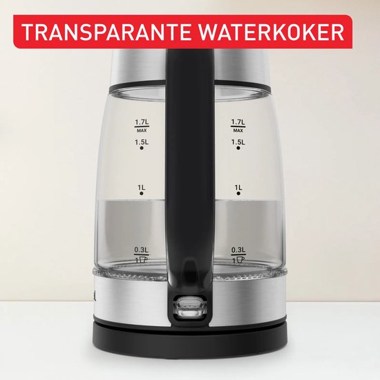 Transparante waterkoker met maataanduiding tot 1,7L, zwarte handgreep en Tefal-logo.