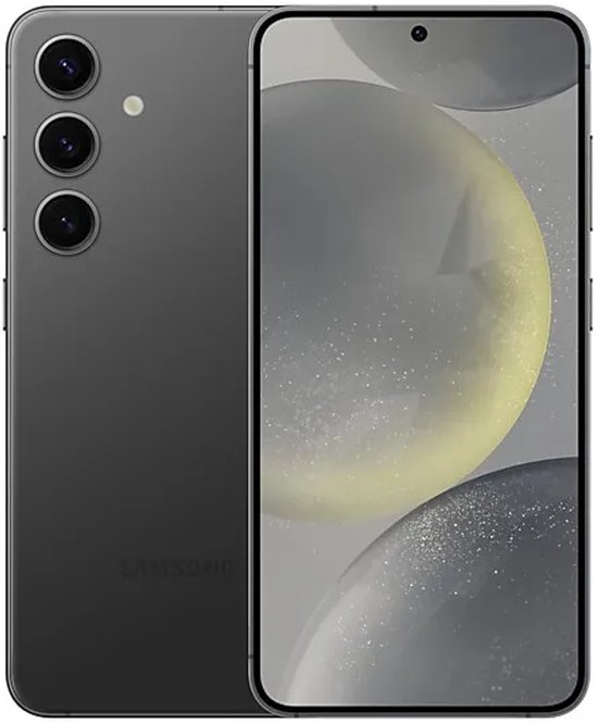 Samsung Galaxy S24 in Onyx Zwart, met drie verticale cameralenzen aan de achterkant en een strak touchscreen.