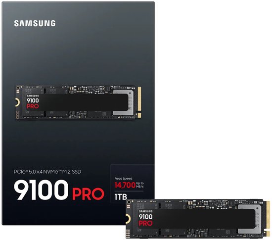 Samsung 9100 PRO SSD 1TB verpakking met afbeelding van de SSD.