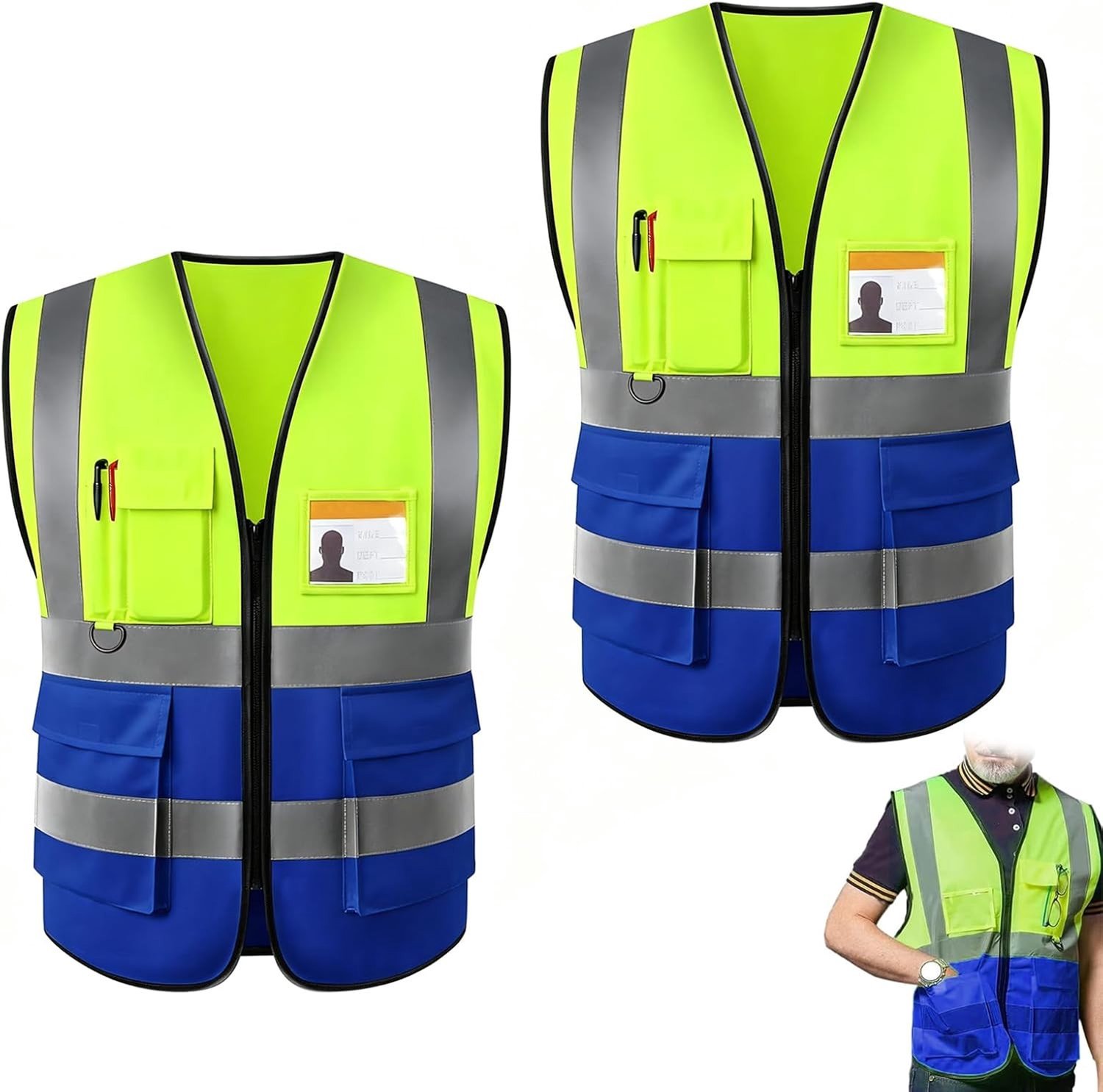 Reflecterende Veiligheidsvesten met Zakken - Unisex Hoge Zichtbaarheid in Fluorescerend Groen en Blauw, Ademend Mesh voor Bouw, Verkeer, Fietsen en Hardlopen