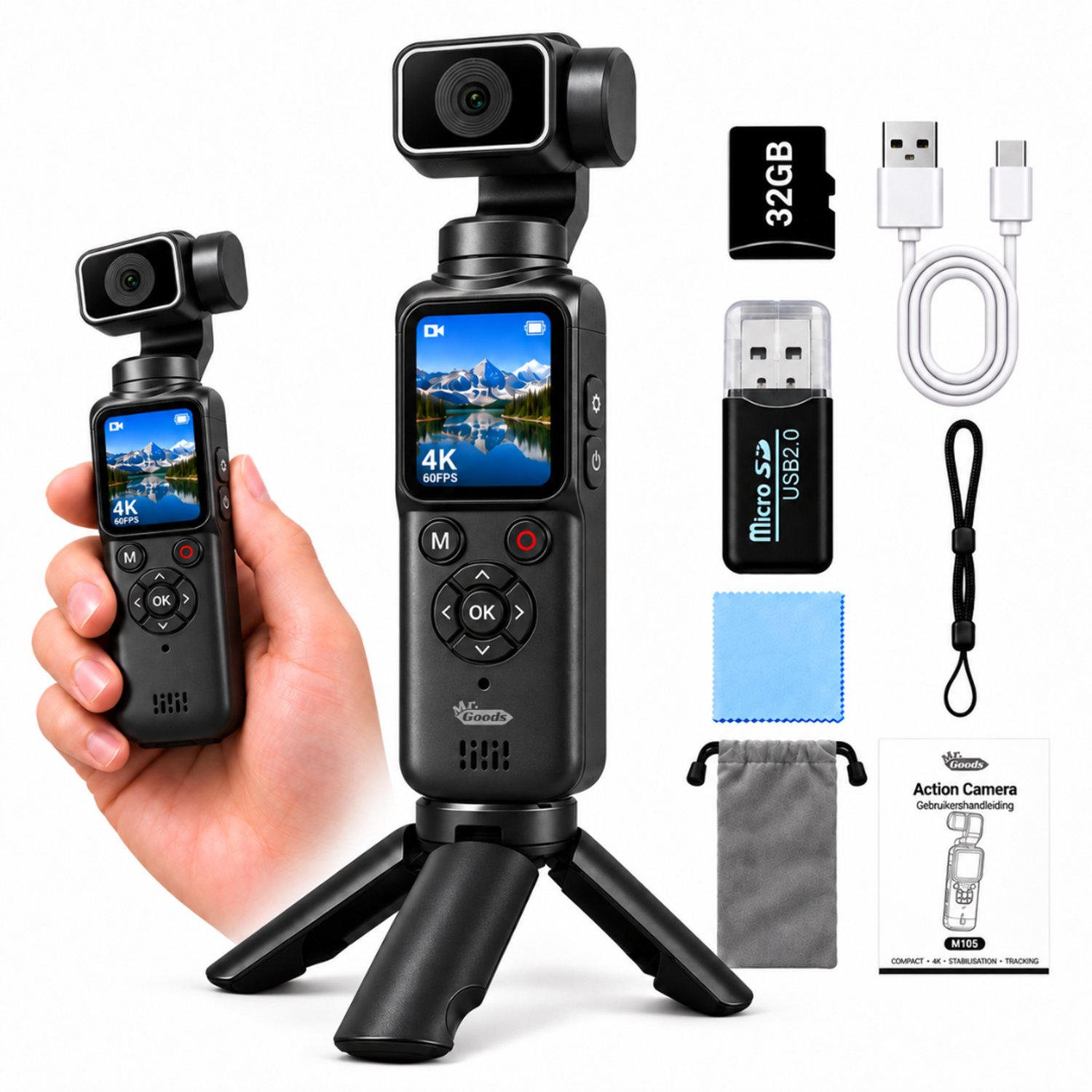 MrGoods Action Camera 4K - Pocket Vlog Camera met Automatische Gezichtstracking - 330° Draaibare Lens - WiFi Touchscreen - 64MP - 32GB SD-Kaart