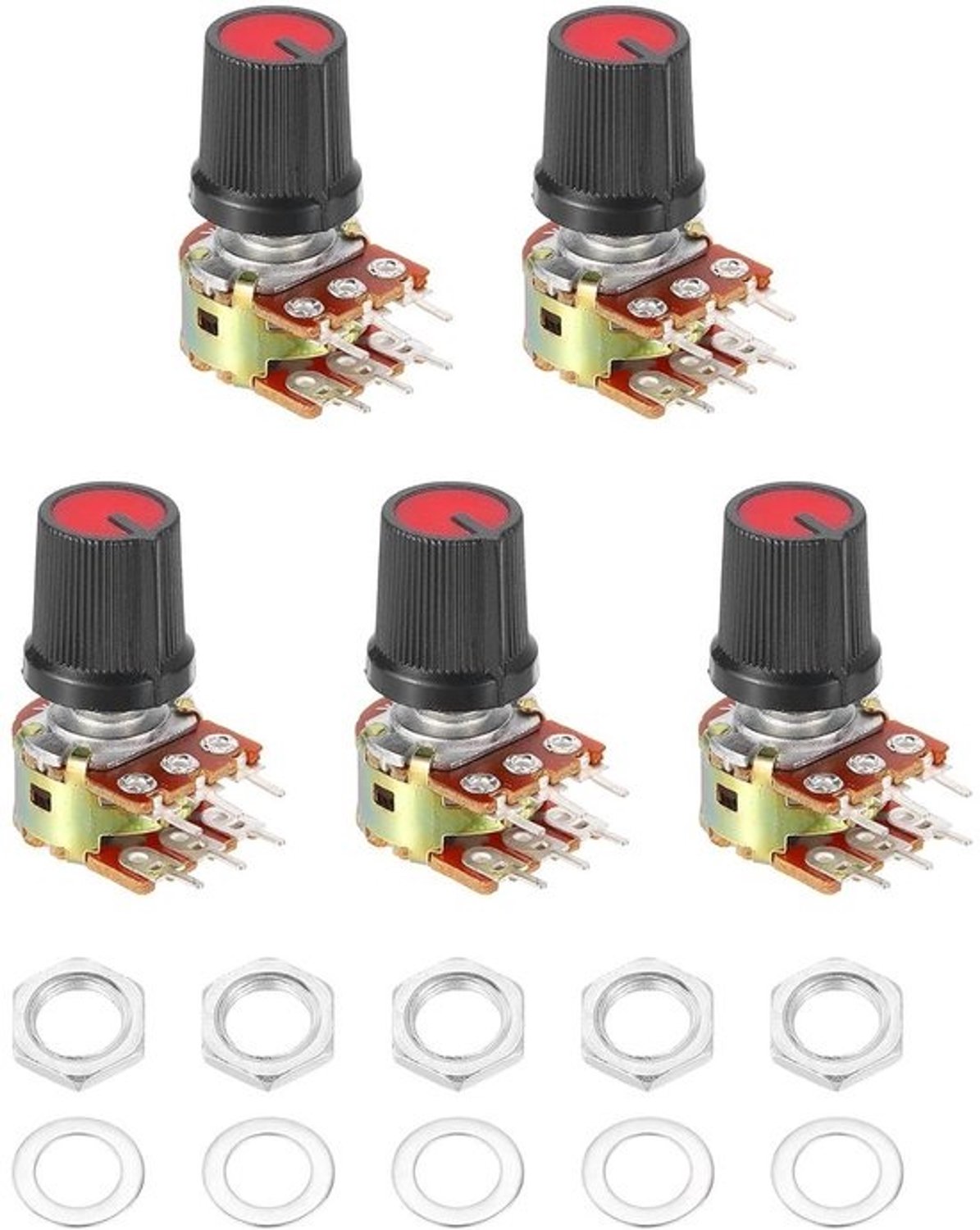 Potentiometerset - Draaipotentiometer - Variabele weerstand - Audiovolumeregeling - Dubbelkanaalsinstelling - B20K Ohm - Zwart - Rood