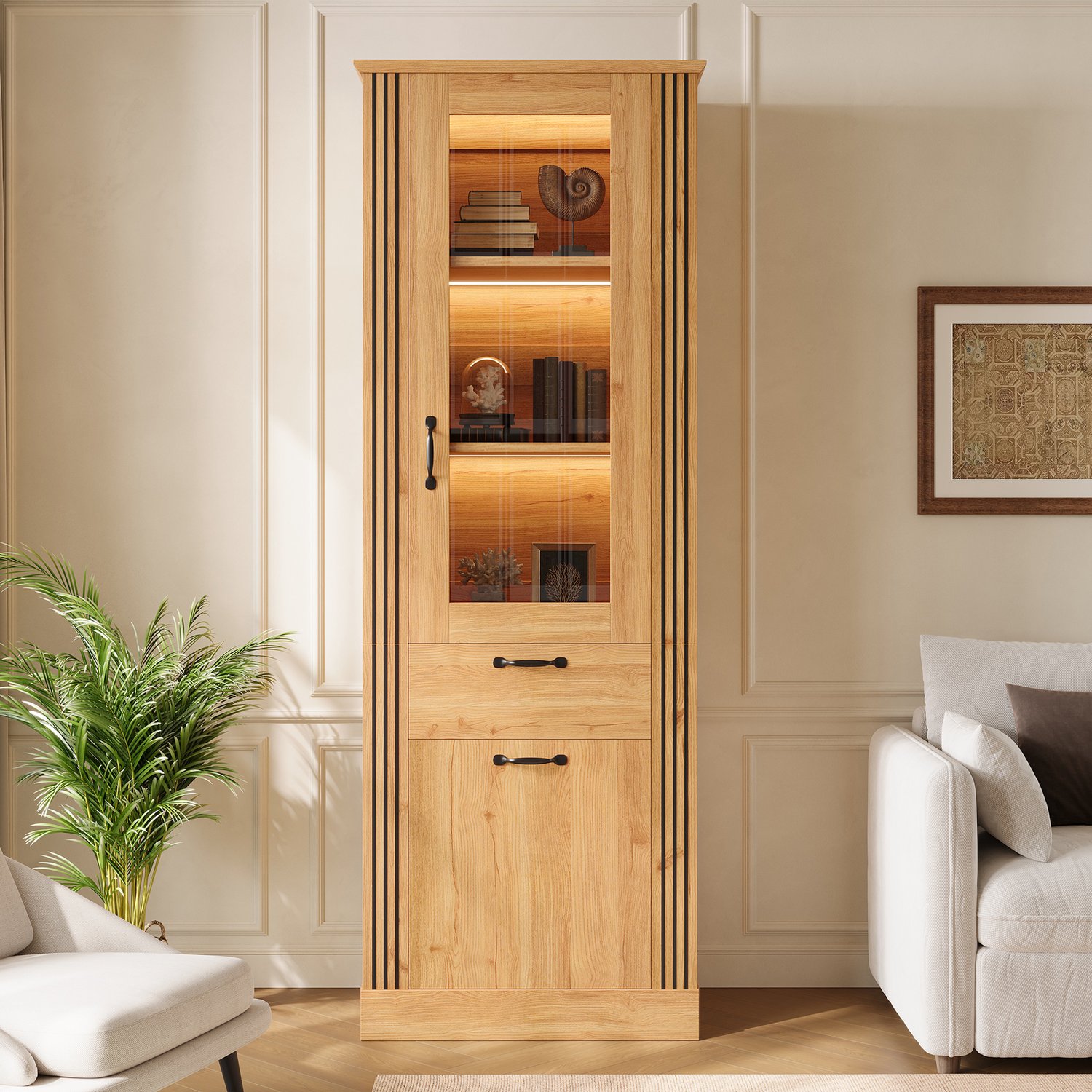MODENUIT Vitrinekast - Ledverlichting Via App Met Lade - Woonkamer - Spaanplaat - 62x41x180 Cm - Naturel