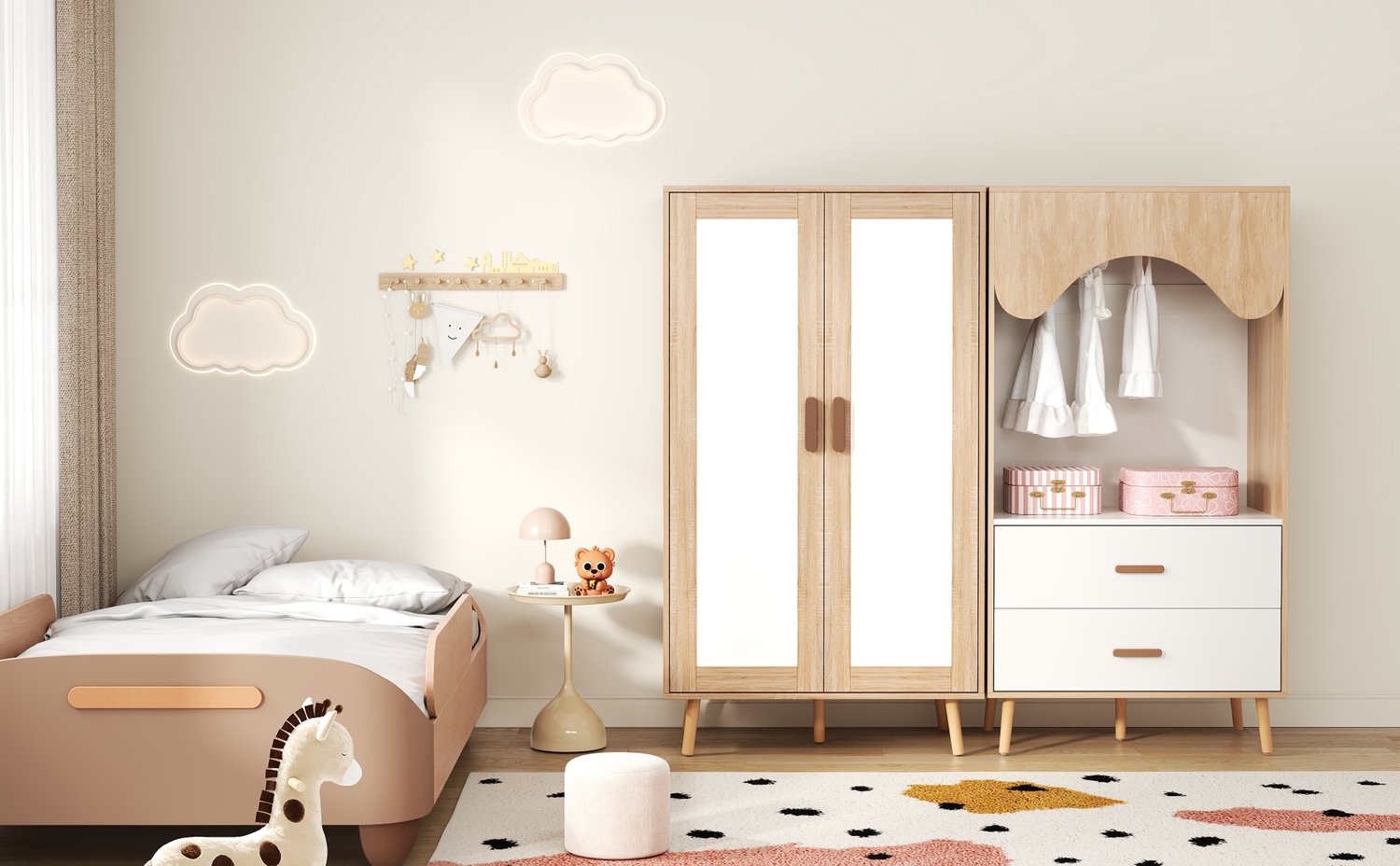 MODENUIT Kledingkast - 2 Deuren En Open Hangvak - Kinderkamer - MDF - 160x46x141,5 Cm - Naturel En Wit