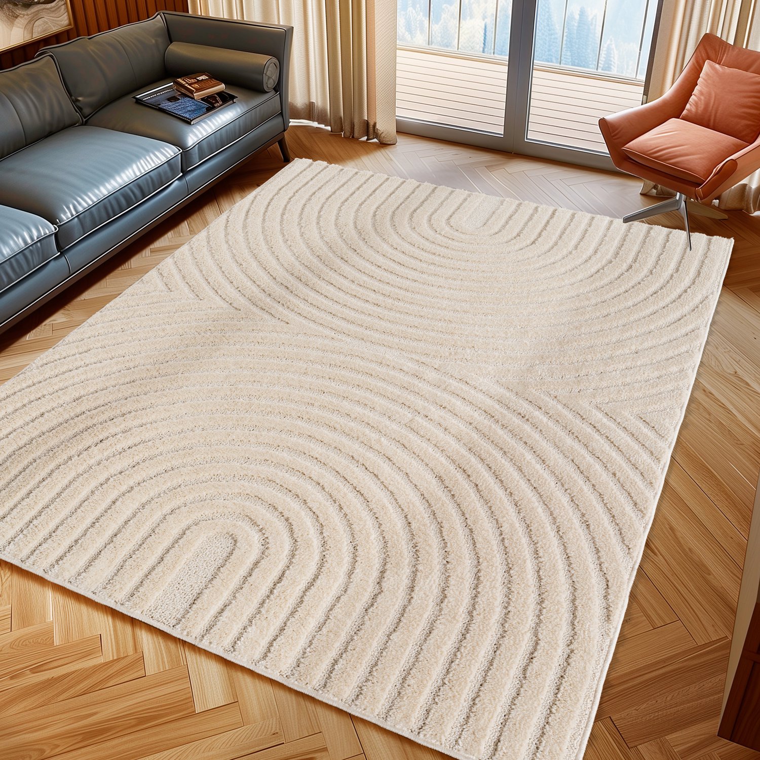 Moonay Kiyaro Arco Vloerkleed Crème 160 cm rond - Japandi Scandinavisch - Lijnen en Bogen - Hoog- en Laagpolig 3D