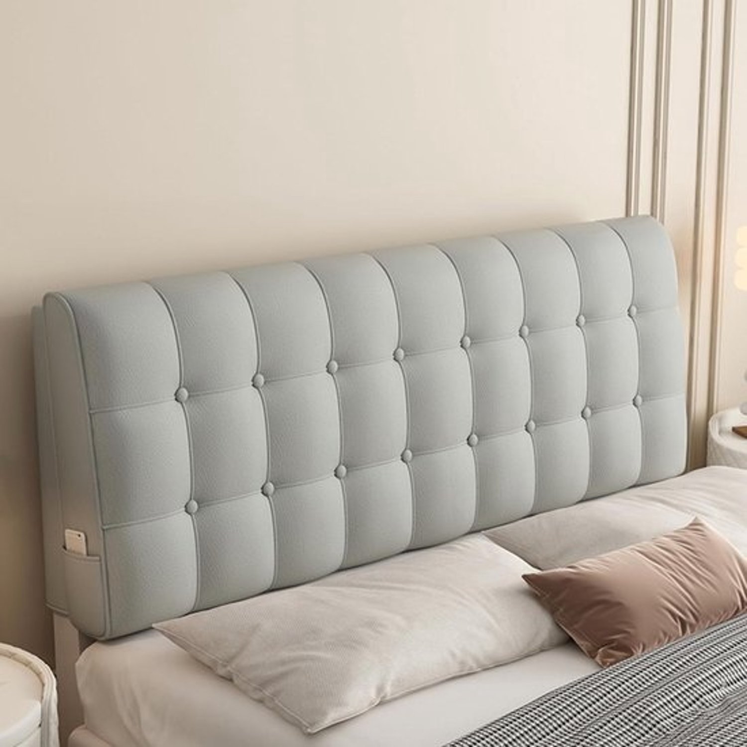Gestoffeerd wandkussen - Hoofdbordkussen - Ontspannen in bed - Afneembare hoes - 180 x 23 x 10 cm - Grijs