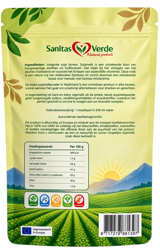 Vegan Soja Melkpoeder 500g lactose vrij is gemaakt van niet genetisch gemodificeerde hele sojabonen. Het bevat GEEN suiker en conserveringsmiddelen (E's)!. van Merkloos — afbeelding 3