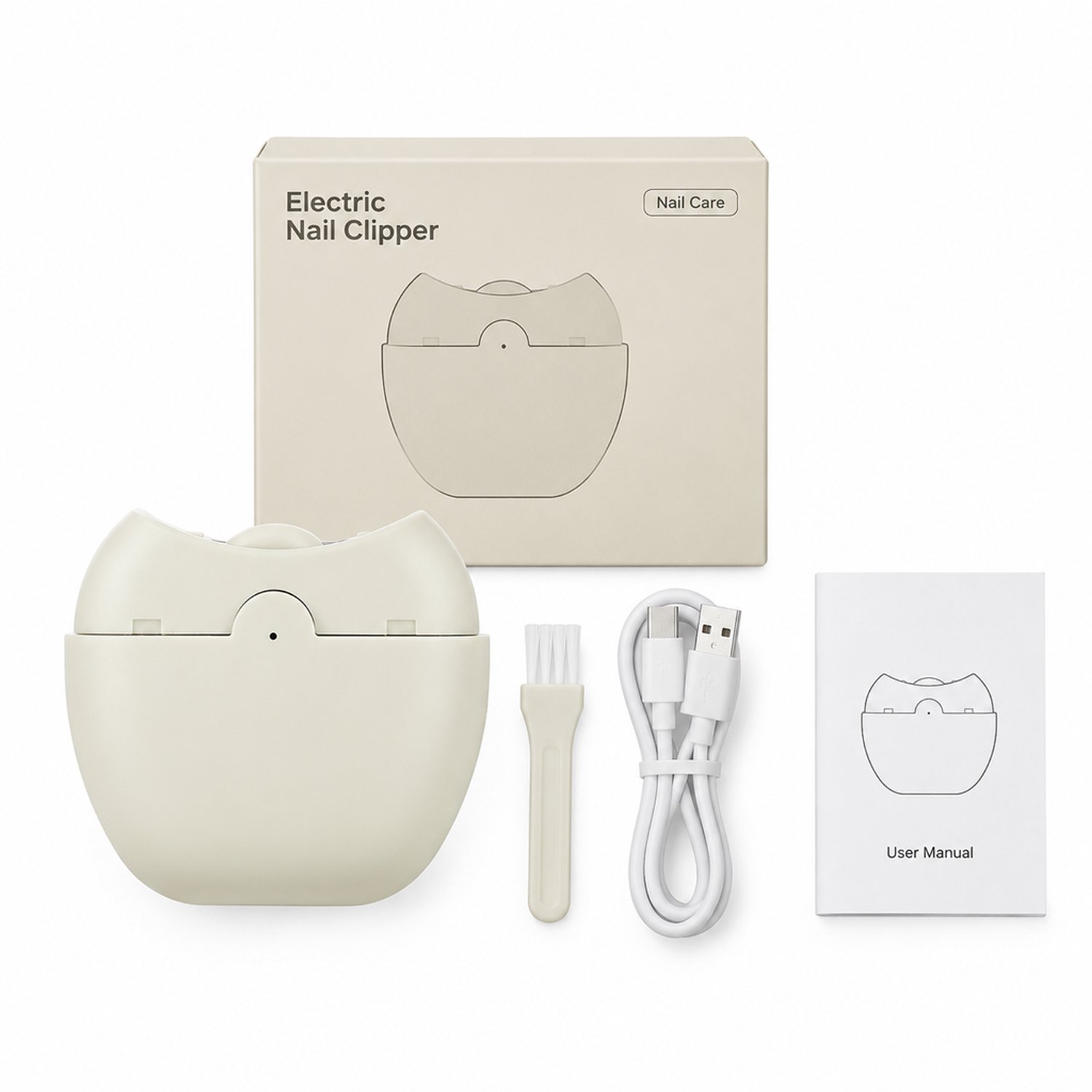 elektrische nagelknipper - Beige, 130g - Eenvoudig ontwerp - Voor dagelijks thuisgebruik - Doos met borstel, laadkabel en handleiding