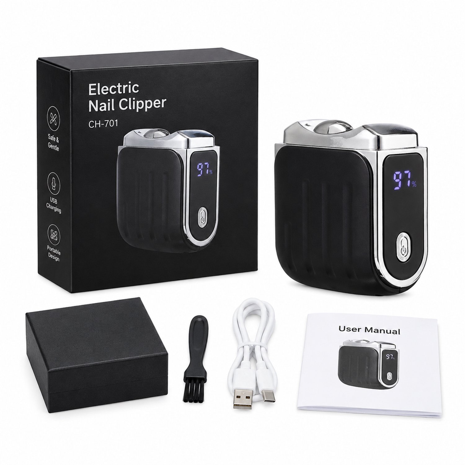 elektrische nagelknipper - model CH-701 - voor dagelijks thuisgebruik - zwart - verpakking met accessoires