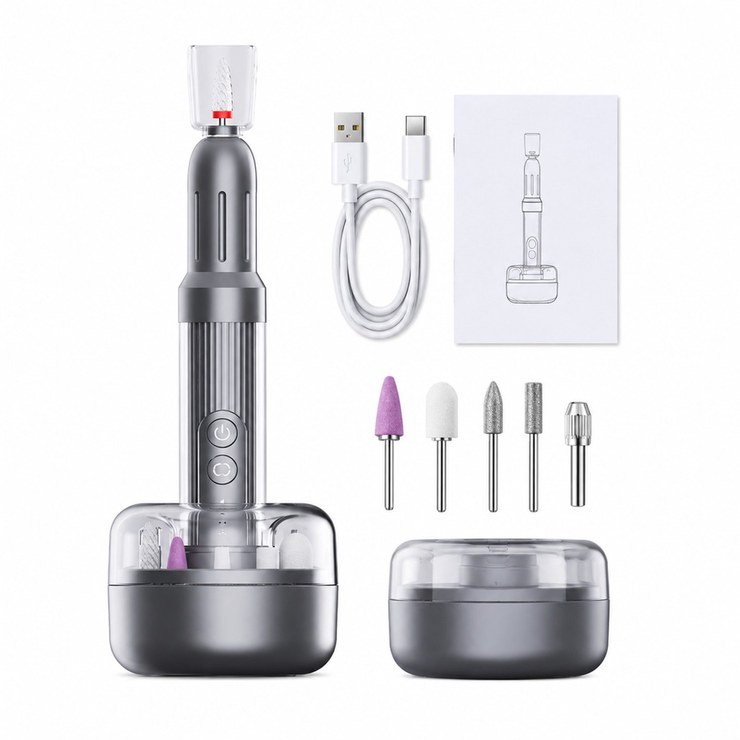 Elektrische nageltrimmer - 6 snelheden - USB-C-oplaadbaar - 500 mAh lithiumbatterij - grijs met voet en nagelaccessoires