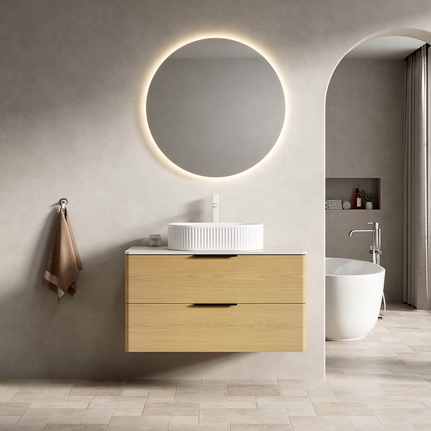 MODFU Badkamer Wastafelmeubel - Zwevend - Ovale Wastafel - 2 Lades - Travertin - Eikenlook - 90 Cm