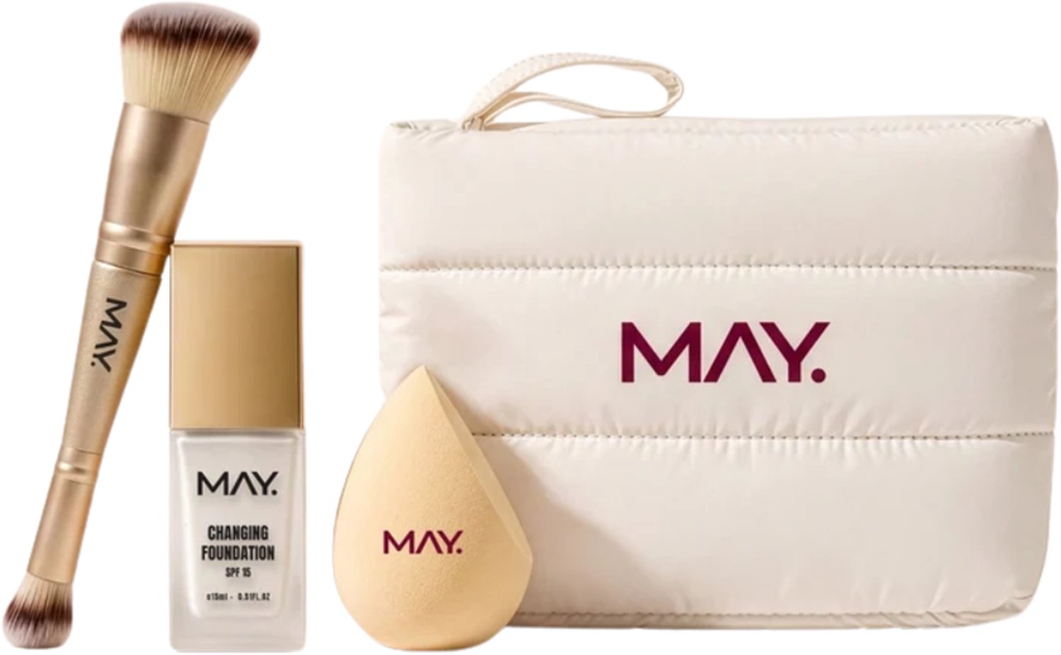 MAY Cosmetics Travel Set – Changing Foundation SPF 15 – 2-in-1 Make-up Brush – Beauty Blender – Travel Bag